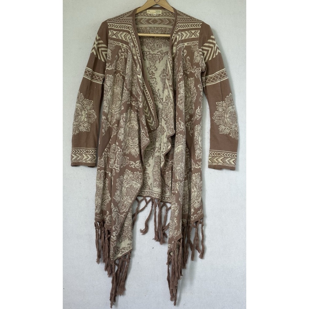 Odd Molly Long Open Cardigan Sz Small Brown BOHO Fringed